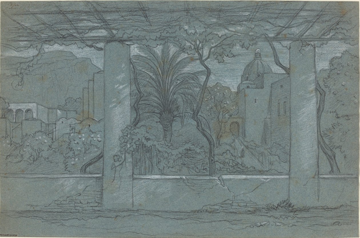 Een terras en tuin op Capri [recto] door François Edouard Bertin