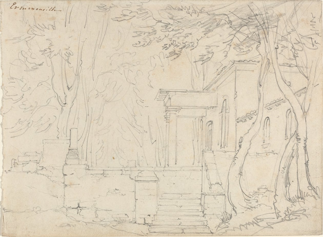 Huis met een portiek in Ermenonville door François Edouard Bertin