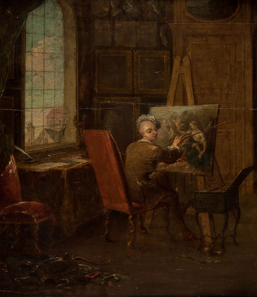 Zelfportret van de kunstenaar in zijn atelier, met een mahl-stok in de hand door Francois Eisen
