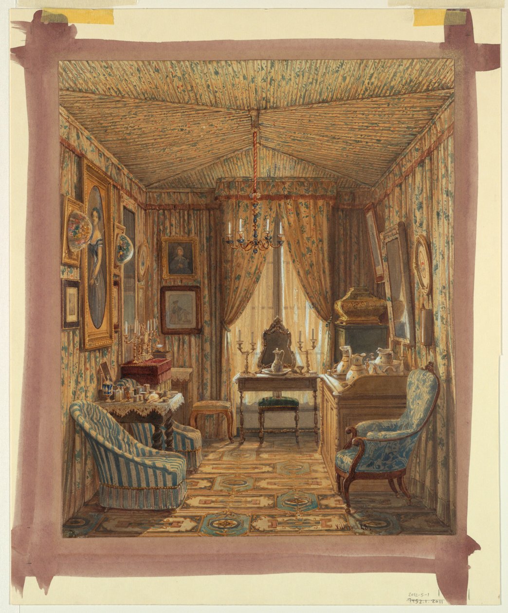 Tekening, Interieur van een kleedkamer met tentplafond, 1848 door Francois Etienne Villeret