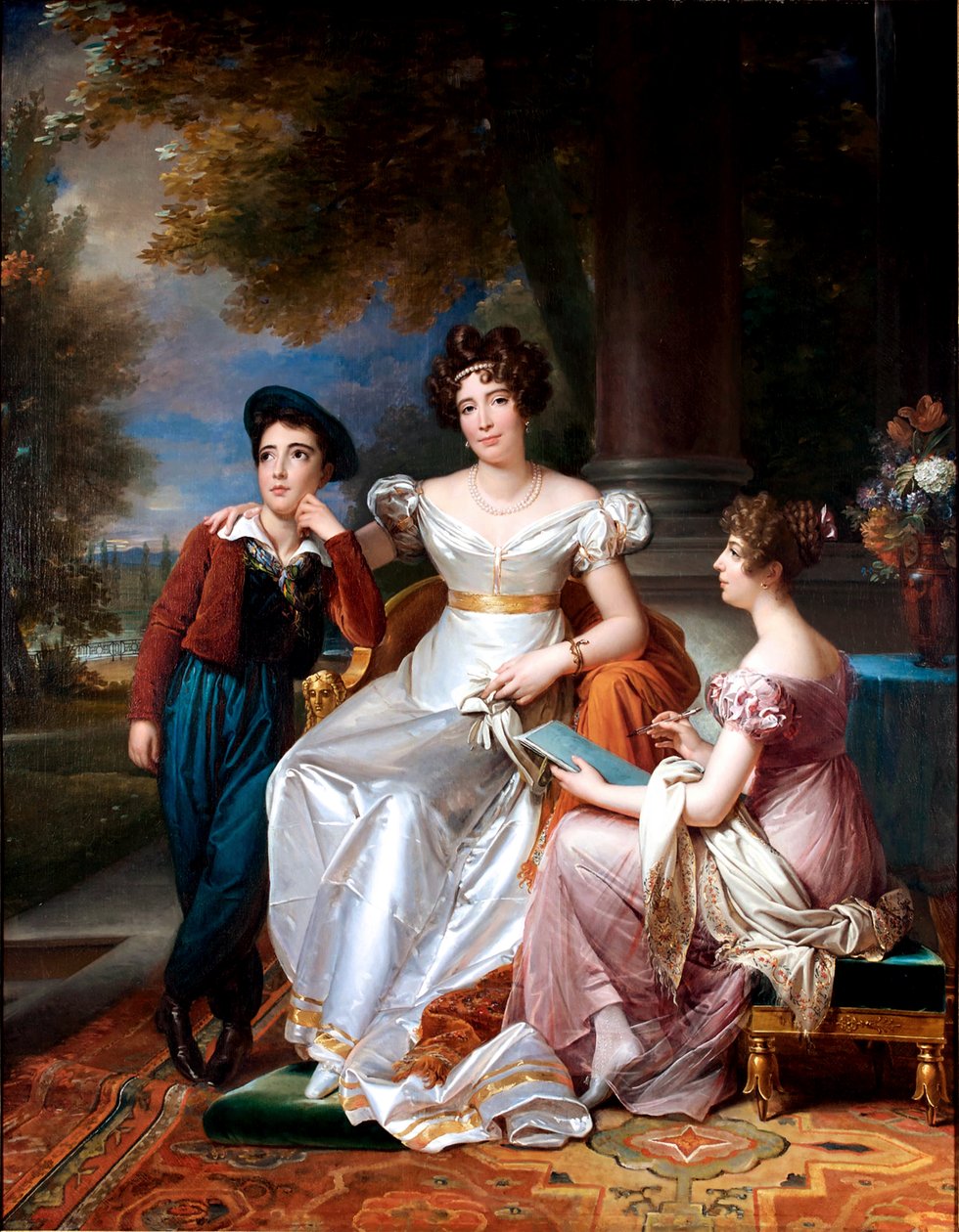 Frans: Portrait de la comtesse du Cayla avec ses enfants Ugoline et Ugolin sur la terrasse du château de Saint-Ouen Portret van de comtesse du Cayla en haar twee kinderen door François Gérard