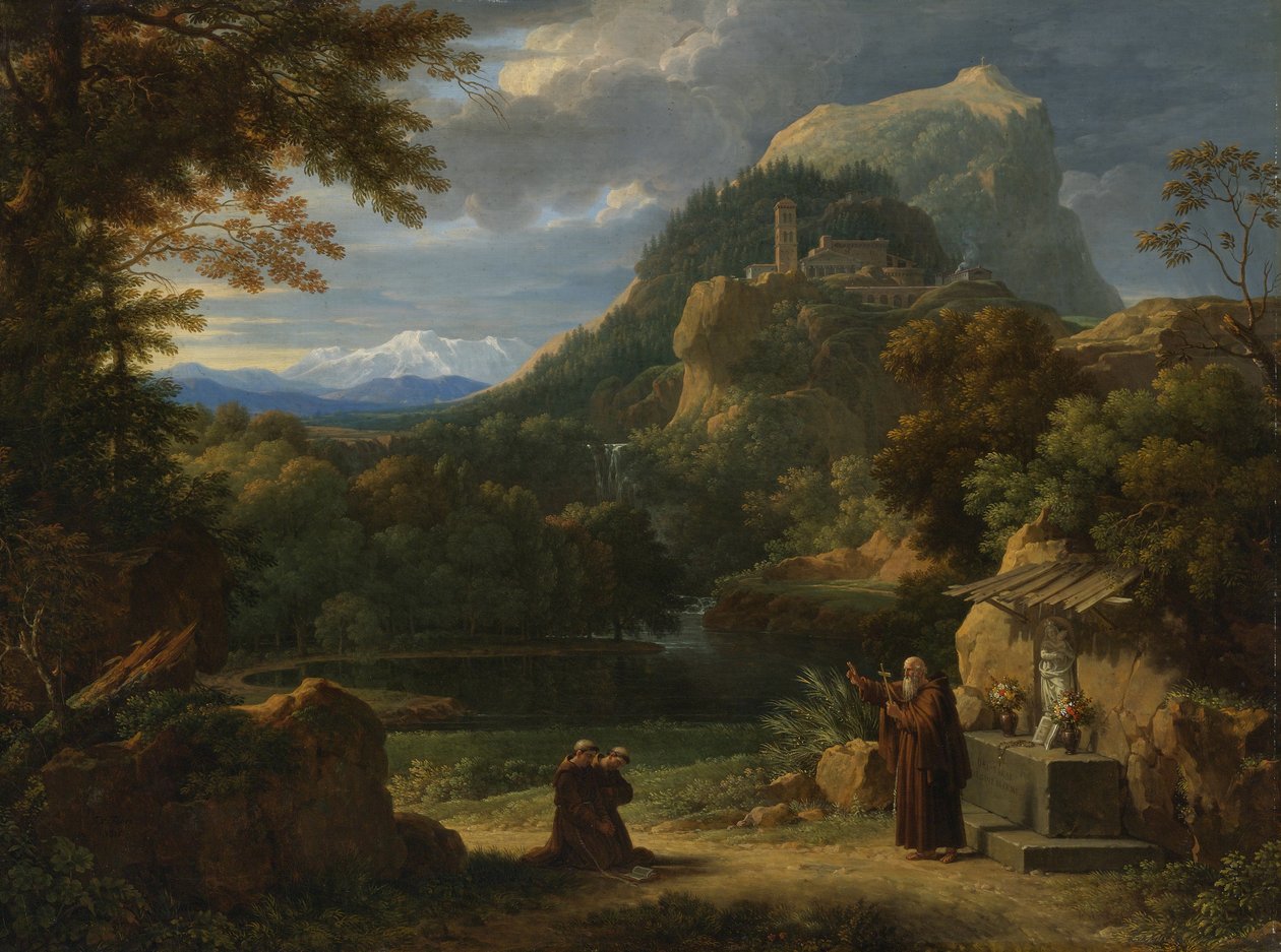 Sint Antonius van Padua introduceert twee novicen bij broeders in een berglandschap door Francois Xavier Fabre