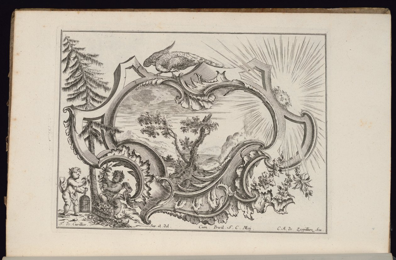 Cartouche met vogel en zon, Livre de Cartouches Irréguliers (Boek van onregelmatige cartouches) door François de Cuvilliés the Elder