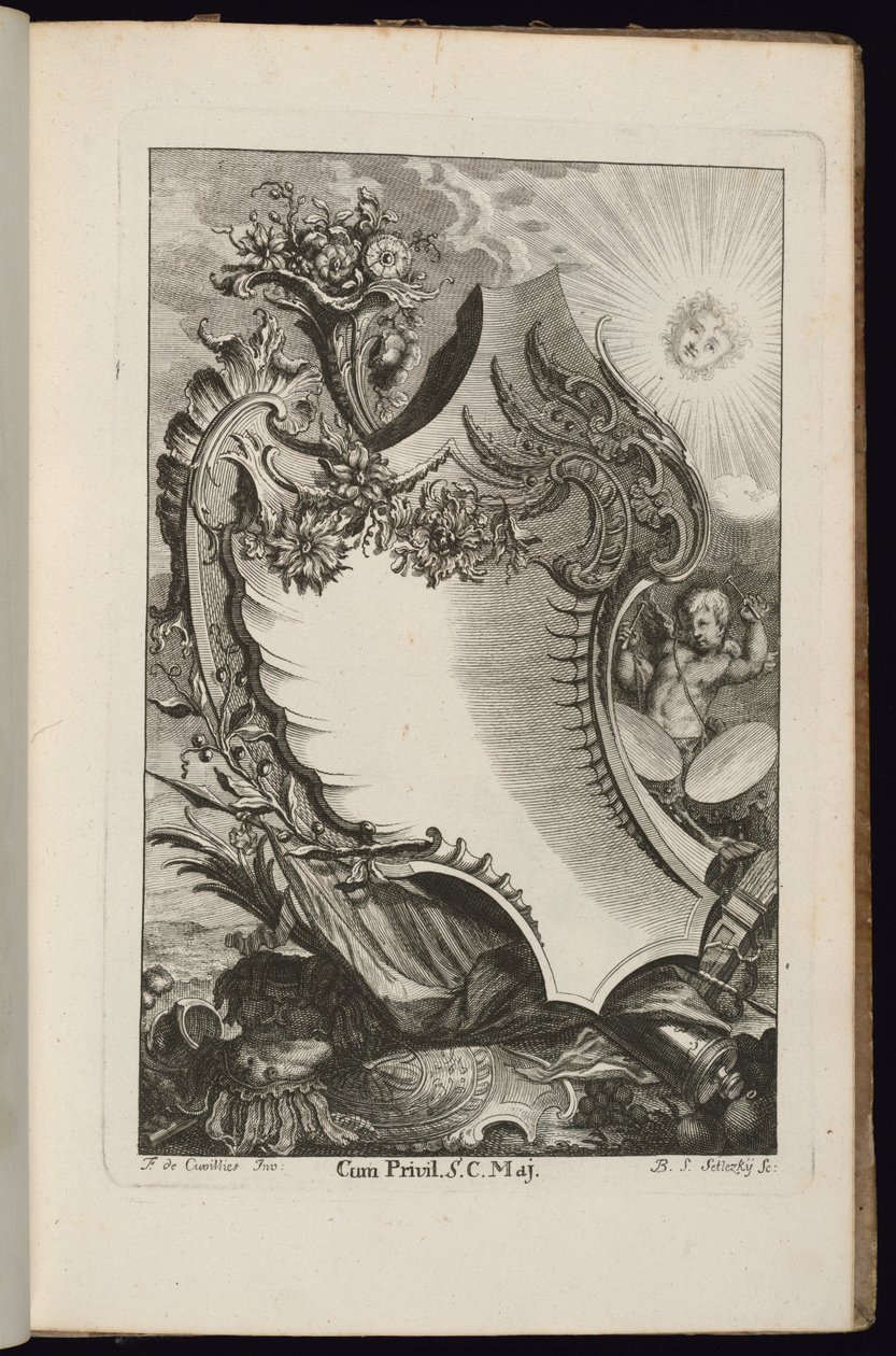 Cartouche met Hoorn des Overvloeds en Zon, Livre de Cartouches Irréguliers (Boek van Onregelmatige Cartouches) door François de Cuvilliés the Elder