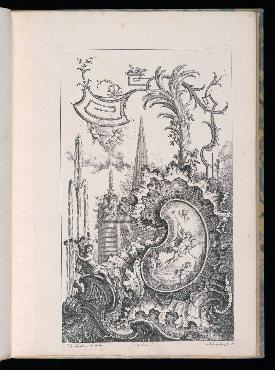 Cartouche met Obelisk en Palm, Livre Nouveau de Morceaux de Fantaisie (Nieuw Boek van Fantasiestukken) door François de Cuvilliés the Elder