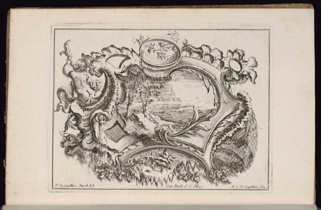 Cartouche met Putto die een Schelp Blaast, Livre de Cartouches Irréguliers (Boek van Onregelmatige Cartouches) door François de Cuvilliés the Elder