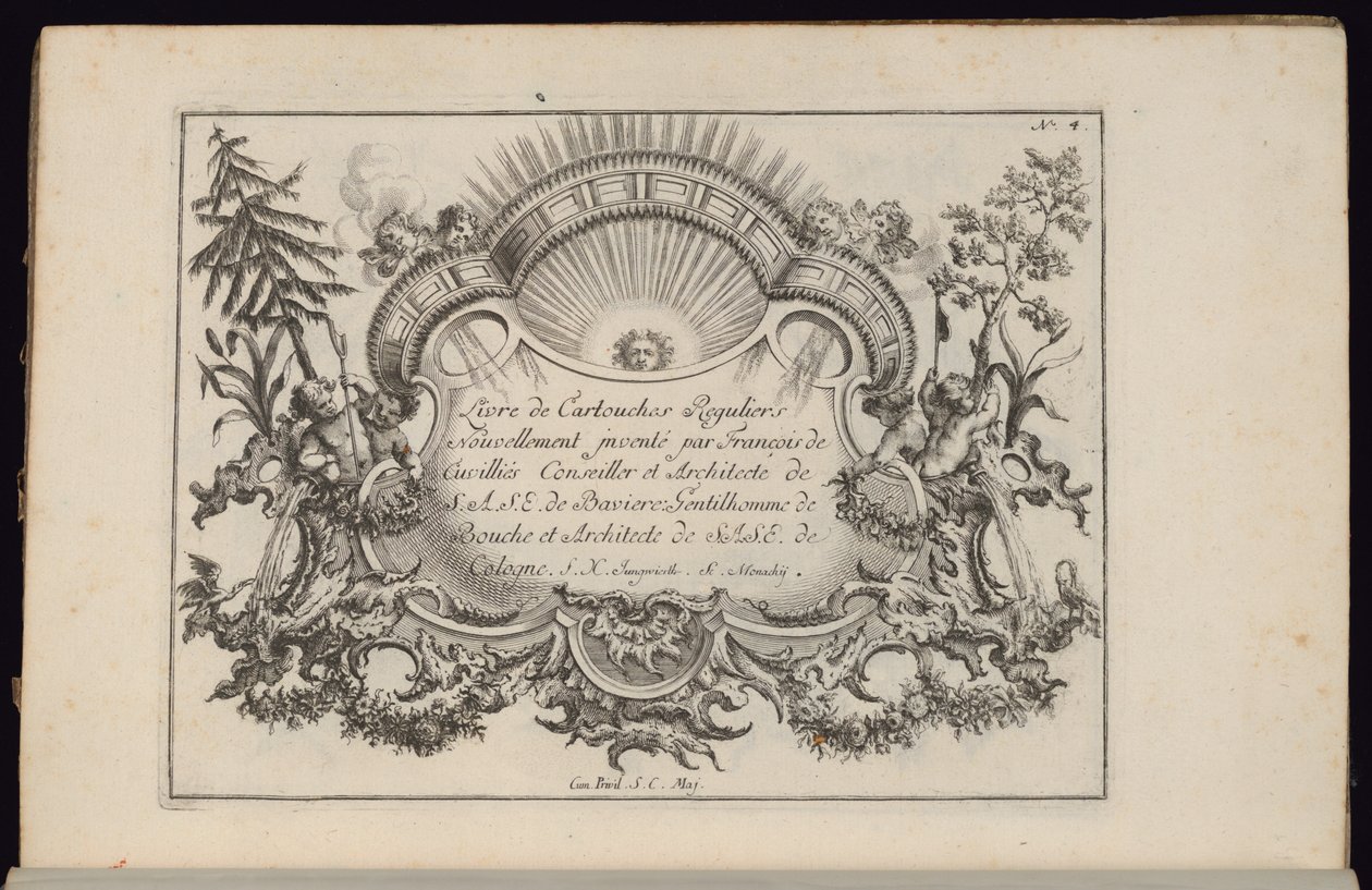 Cartouche met Zon en Vier Winden, Livre de Cartouches Reguliers (Boek van Reguliere Cartouches) door François de Cuvilliés the Elder