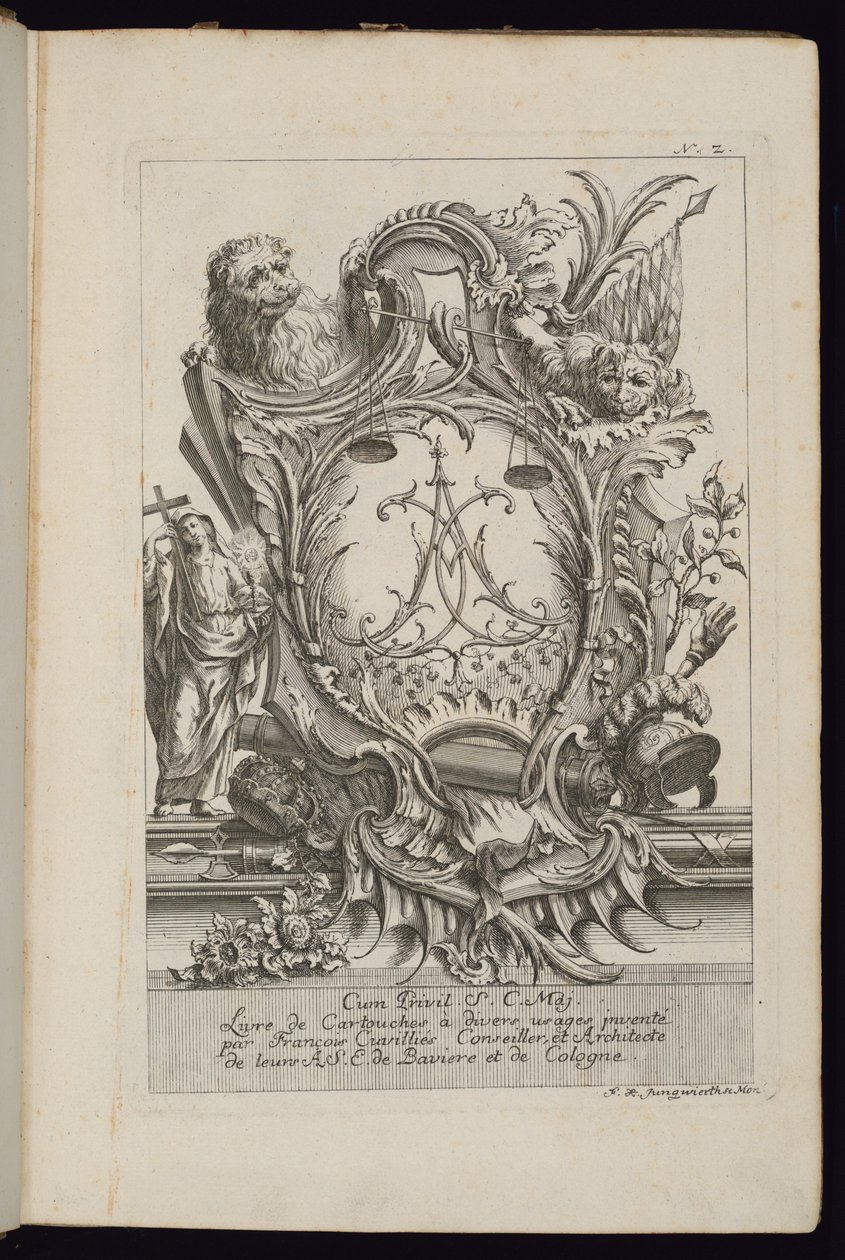 Cartouche met twee leeuwen en een cijfer, Livre de Cartouches à divers usages (Boek van cartouches voor verschillende toepassingen) door François de Cuvilliés the Elder