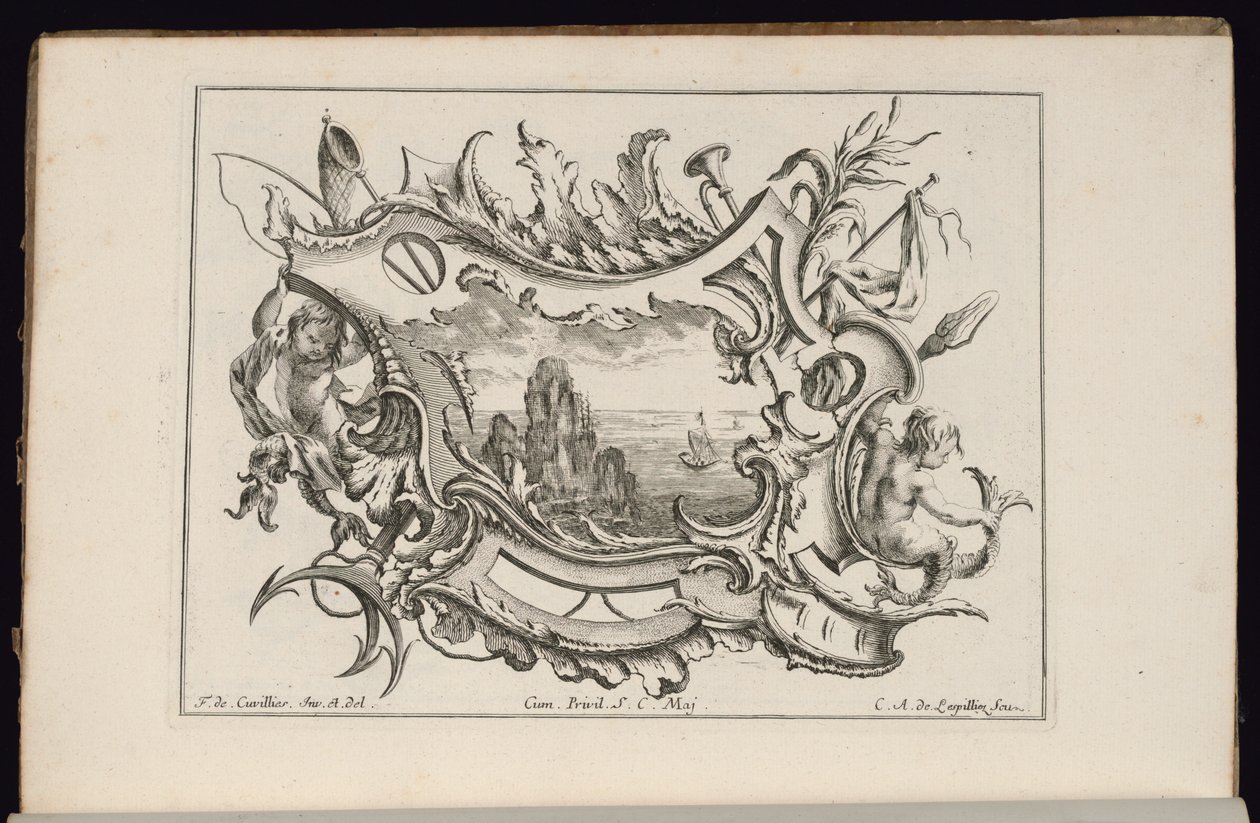 Cartouche met Jonge Tritons, Livre de Cartouches Irréguliers (Boek van Onregelmatige Cartouches) door François de Cuvilliés the Elder
