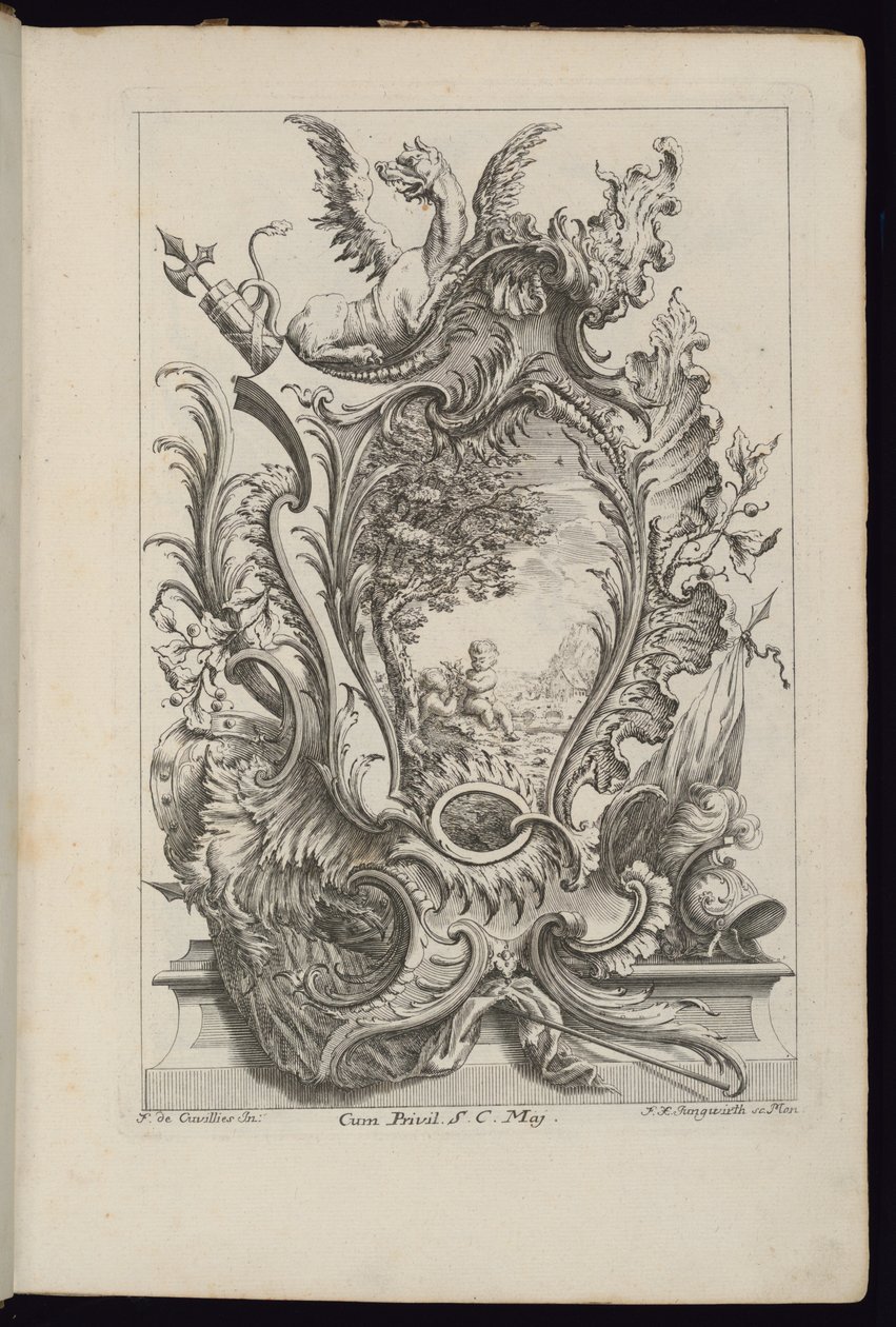 Cartouche met een draak en wapentrofee, Livre de Cartouches à divers usages (Boek van cartouches voor verschillende toepassingen) door François de Cuvilliés the Elder