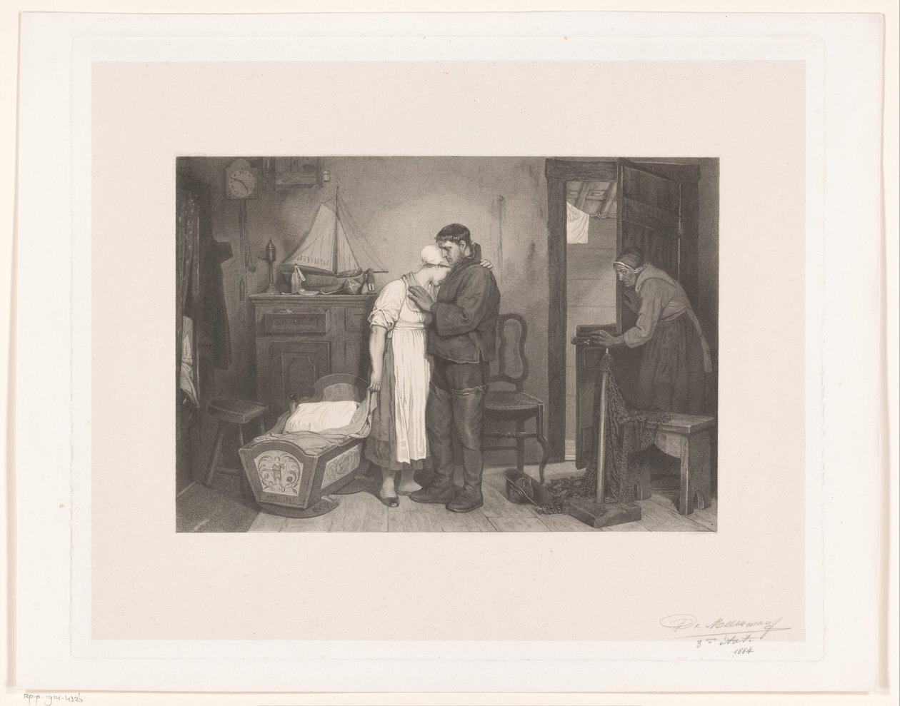 Vissersinterieur met treurend koppel bij een lege wieg door François de Meersman (signed by artist)