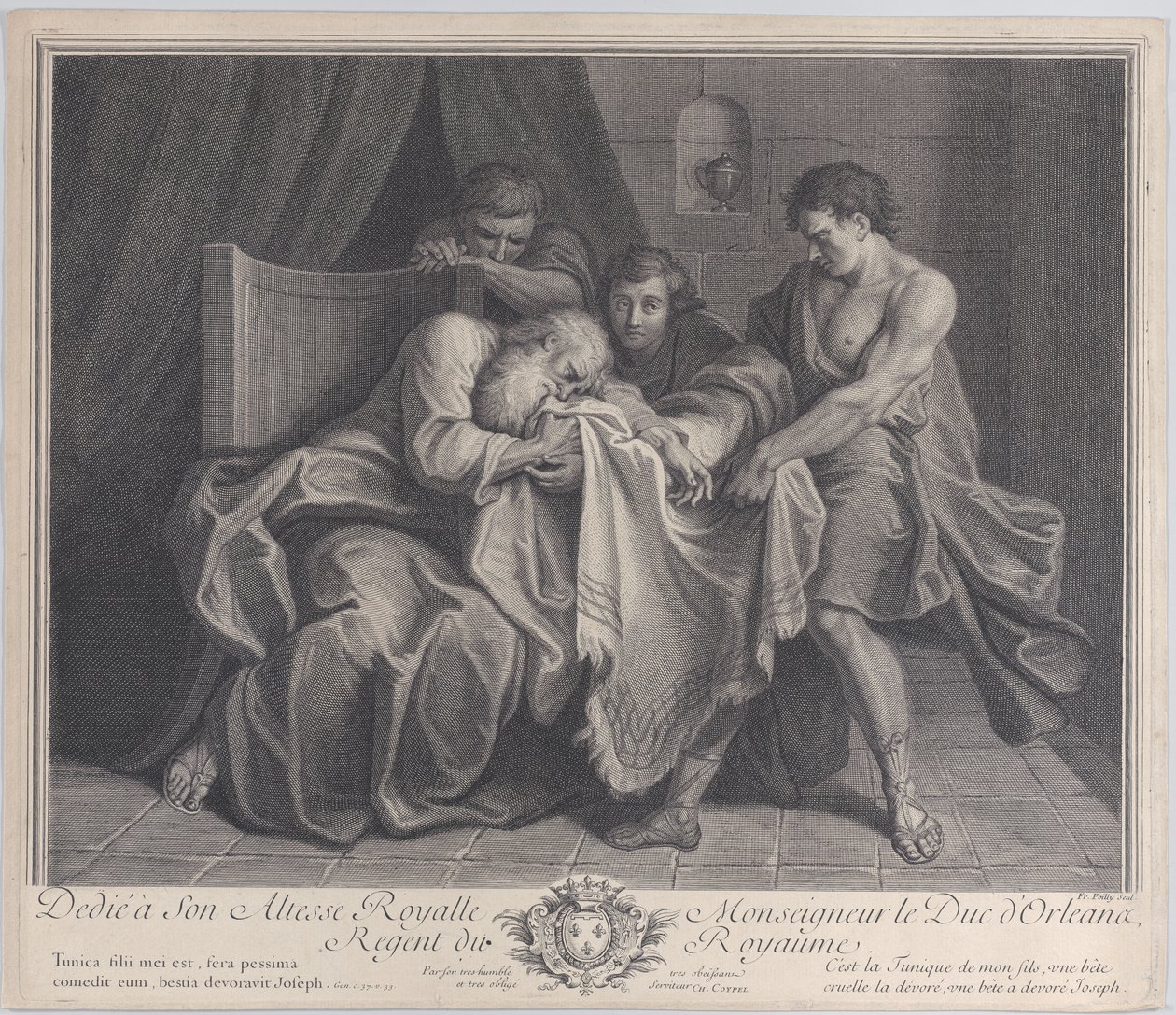 Jakob huilt in de mantel van zijn zoon terwijl zijn andere zonen deze wegtrekken, 1724 door François de Poilly