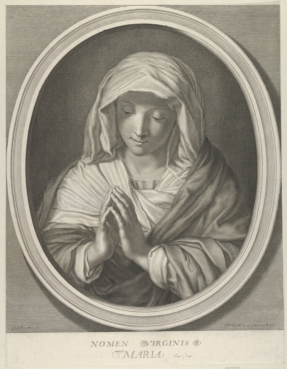 De Maagd in gebed, kijkend naar beneden, in een ovaal frame, naar Reni door François de Poilly