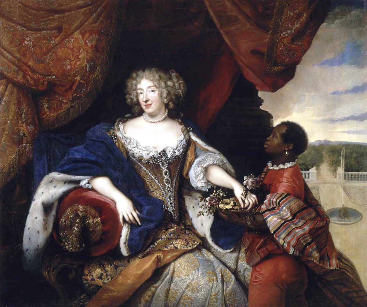 Portret van Elizabeth Charlotte van de Palts met haar slavin door Francois de Troy