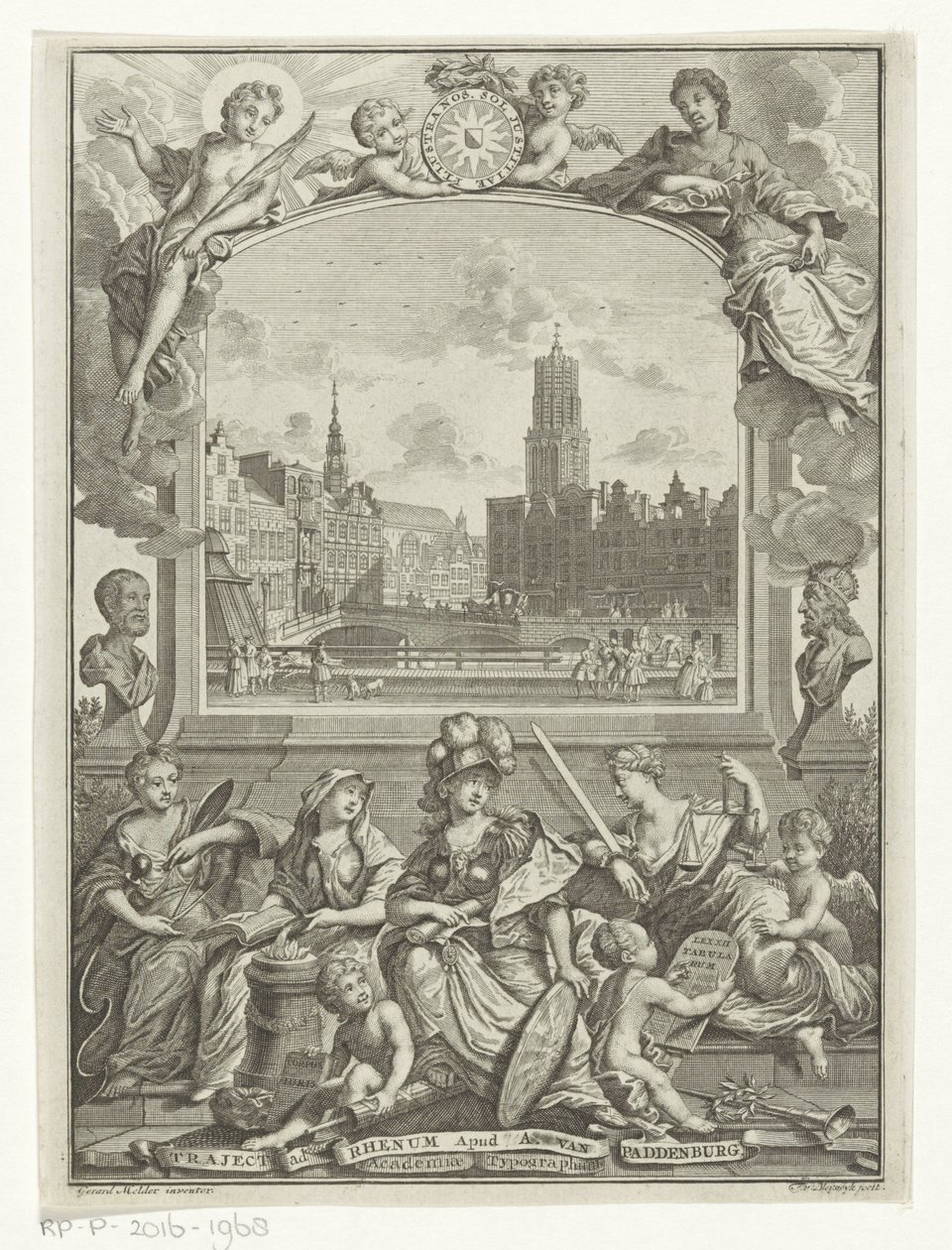 Stadsgezicht met Domkerk te Utrecht en allegorie met Minerva en deugden door François van Bleyswijck