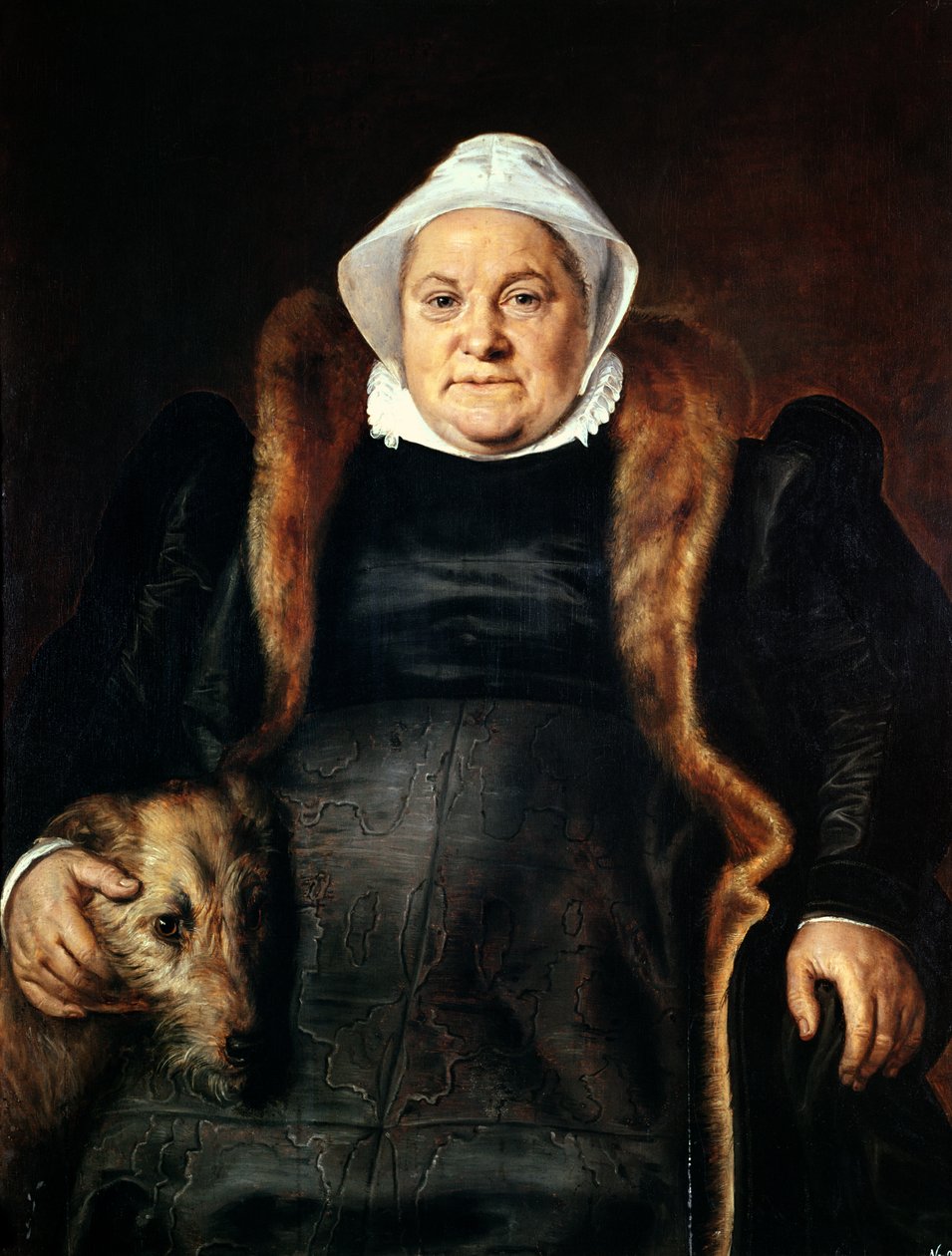 Portret van een oudere vrouw, of de vrouw van de valkenier, 1558 door Frans Floris