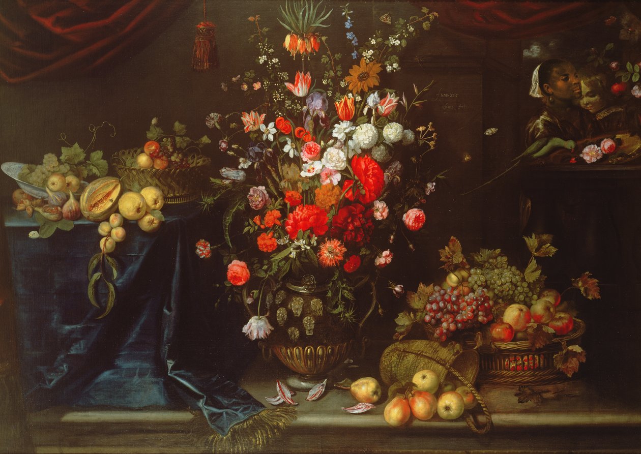 Een stilleven van zomerbloemen in een gebeeldhouwde urn door Eykens or Ijkens Ykens