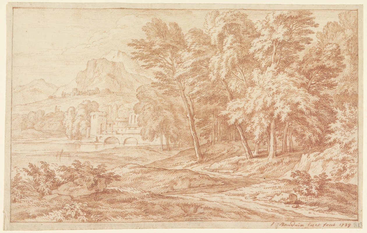 Landschap met rivier en brug met ronde toren door Frans Boudewijns
