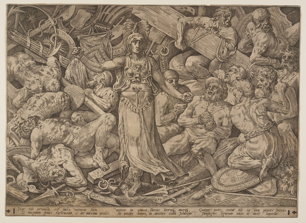 Victoria omringd door krijgsgevangenen en oorlogstrofeeën door Frans Floris I