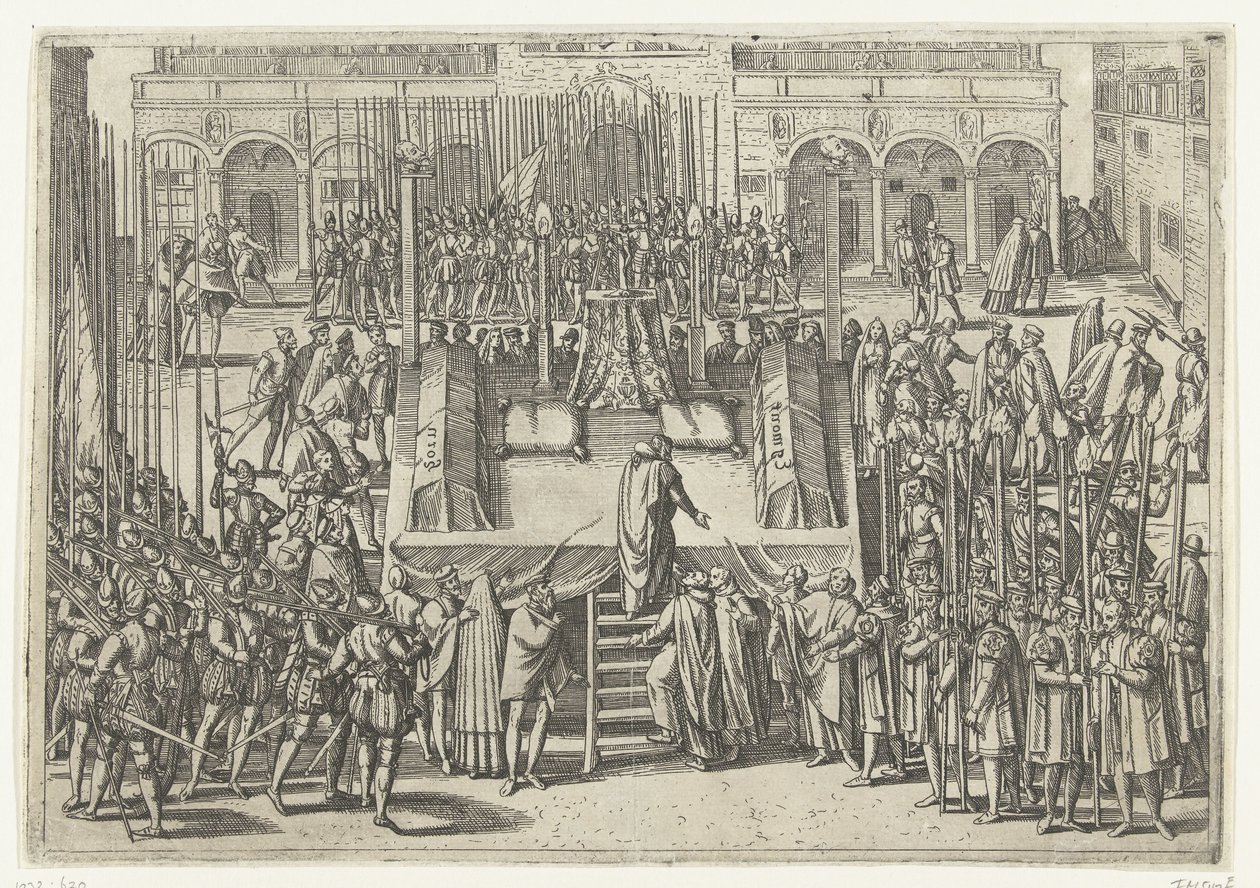 Het schavot na de onthoofding van Egmond en Horne, 1568 door Frans Hogenberg (attributed to)
