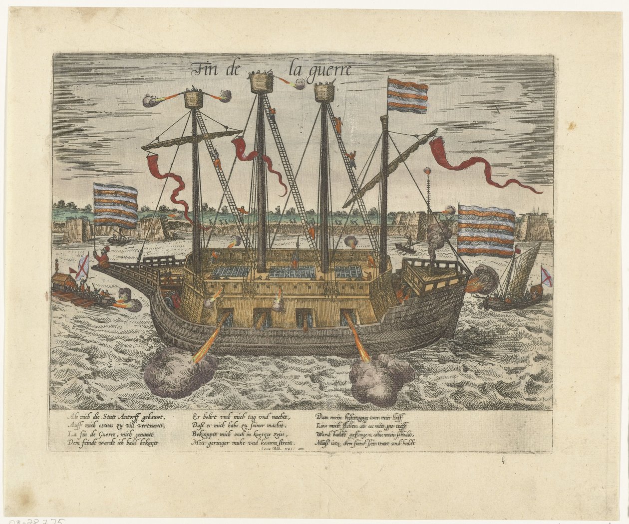 Het schip Fin de la guerre, 1585 door Frans Hogenberg
