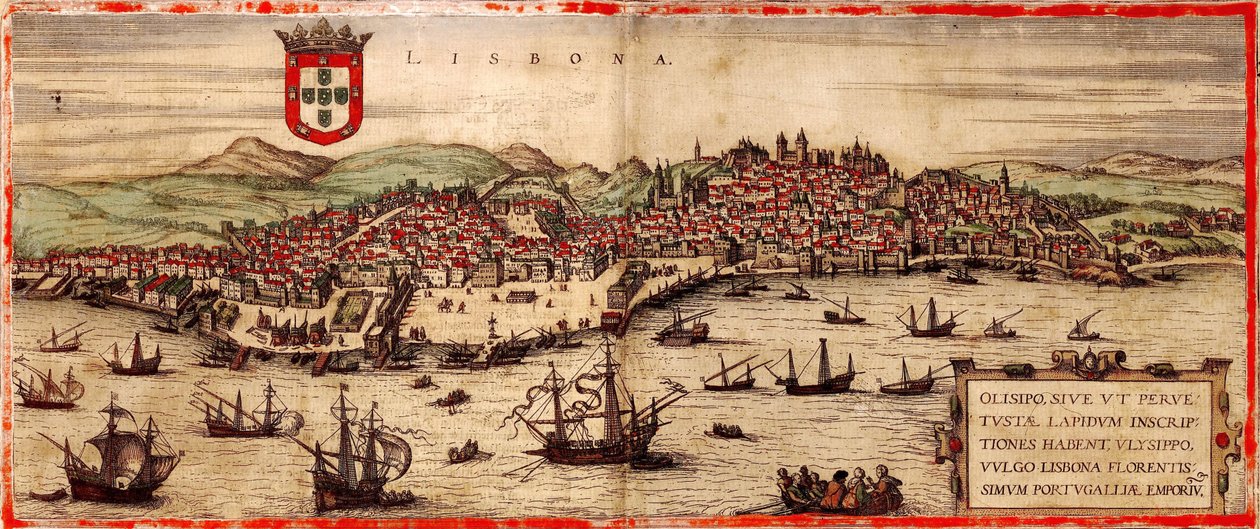 Uitzicht op Lissabon en de Taag vanuit: Civitates Orbis Terrarum, 1572 door Frans Hogenberg
