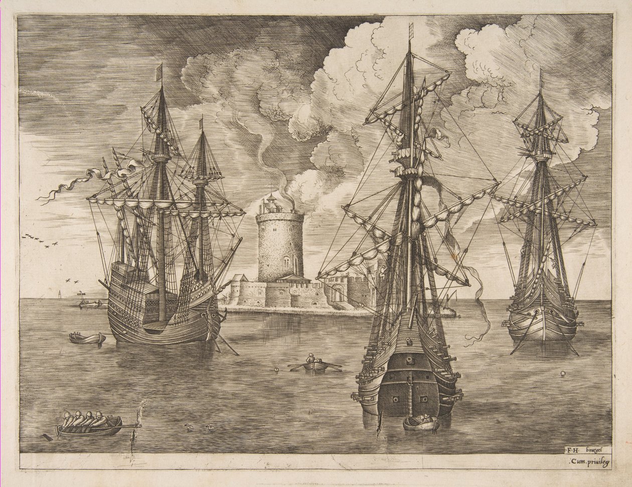 Viermaster links en twee driemasters voor anker bij een versterkt eiland met een vuurtoren, 1561-65 door Frans Huys