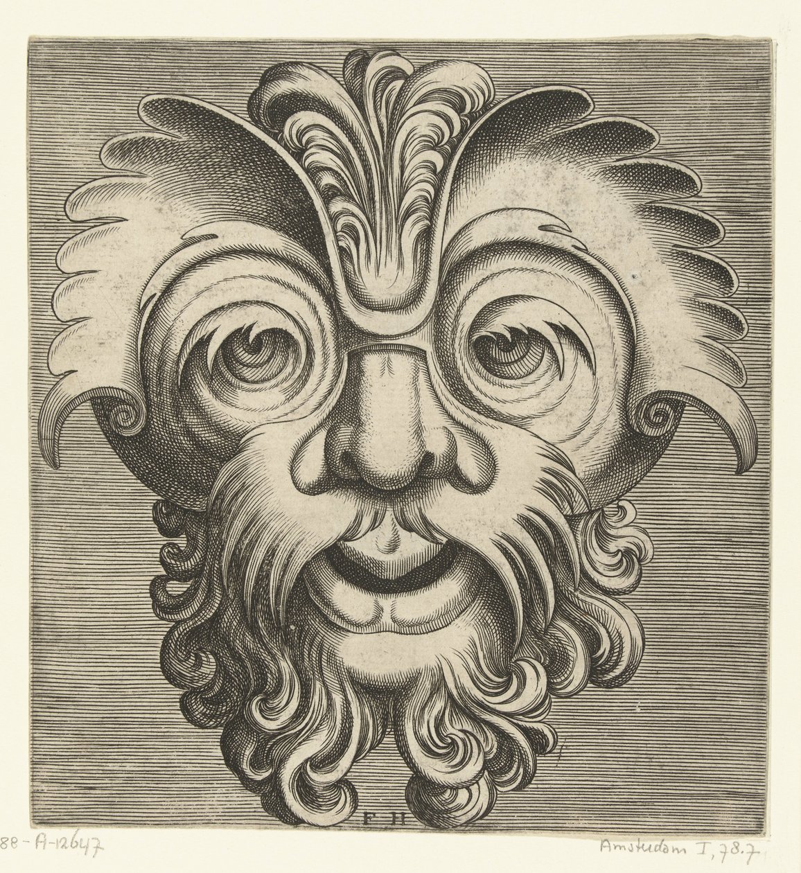 Masker met baard en snor met krullen, een toef krullen rust op de neuswortel door Frans Huys