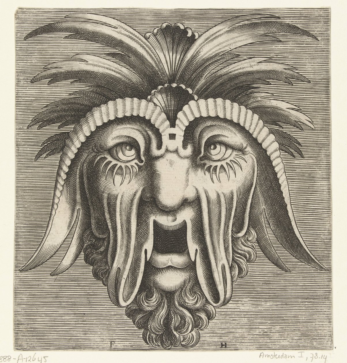 Masker met een openhangende, tandeloze mond, uitgezakte wangen en kuiven op het hoofd door Frans Huys