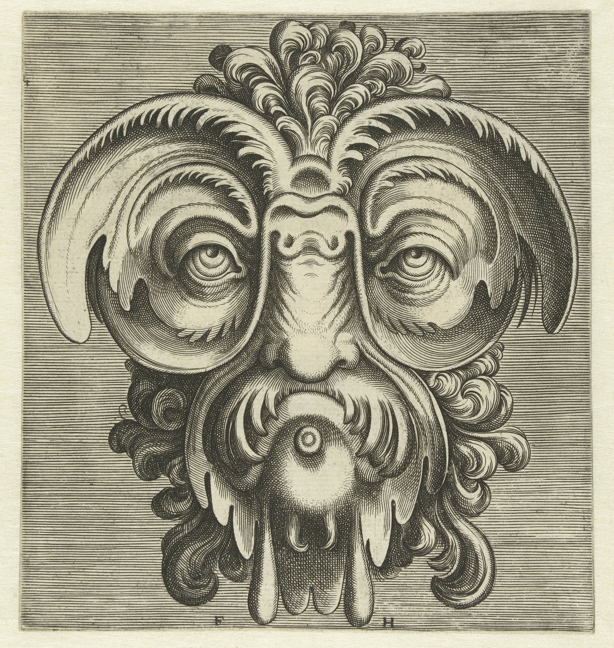 Masker met schotels rond de ogen en een toef krullen op het hoofd (Pourtraicture ingenieuse de plusieurs facons de masques) door Frans Huys