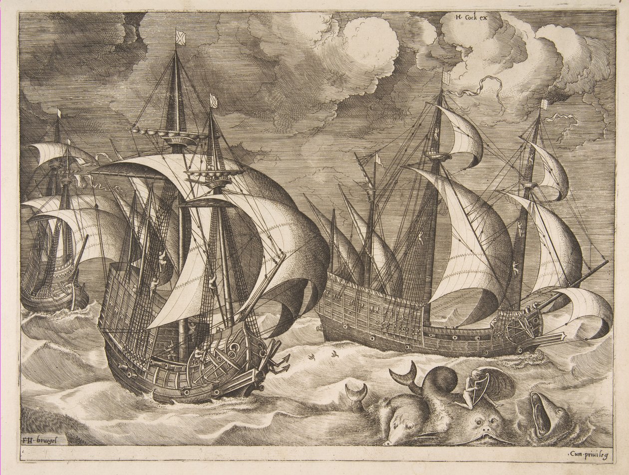 Drie karvelen in een opkomende storm met Arion op een dolfijn uit De zeilschepen, 1561-65 door Frans Huys