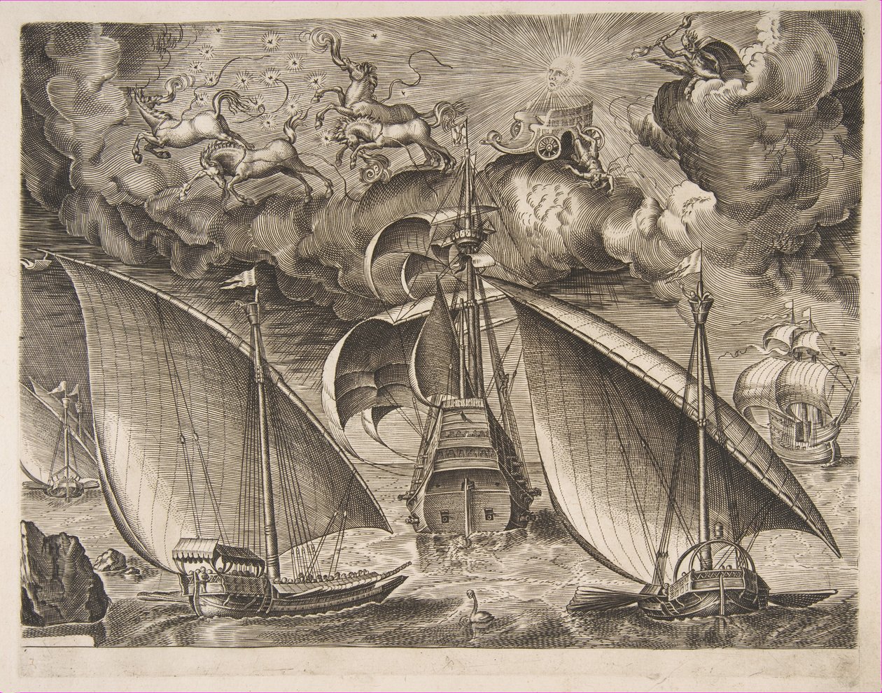 Twee galeien varen achter een bewapende driemaster met Phaeton en Jupiter in de lucht, f..., 1561-65 door Frans Huys