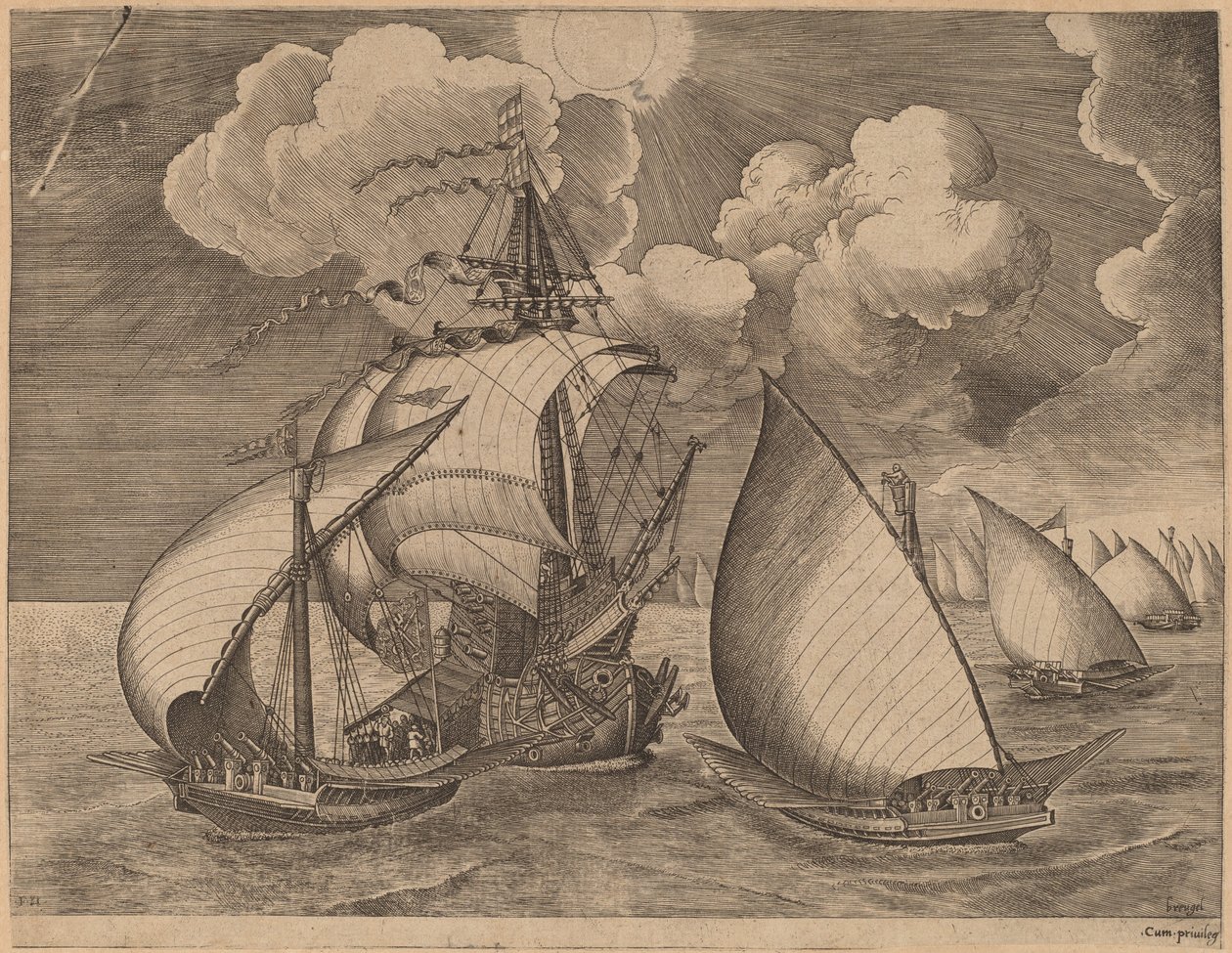 Een Vloot van Galeien Begeleid door een Karveel door Frans Huys after Pieter Bruegel the Elder