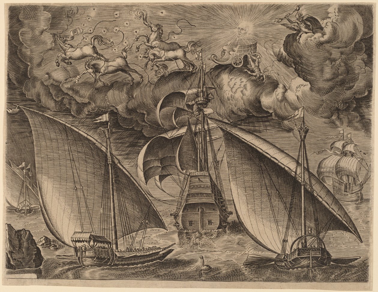 Twee galeien achter een bewapende driemaster met Phaethon en Jupiter in de lucht door Frans Huys after Pieter Bruegel the Elder