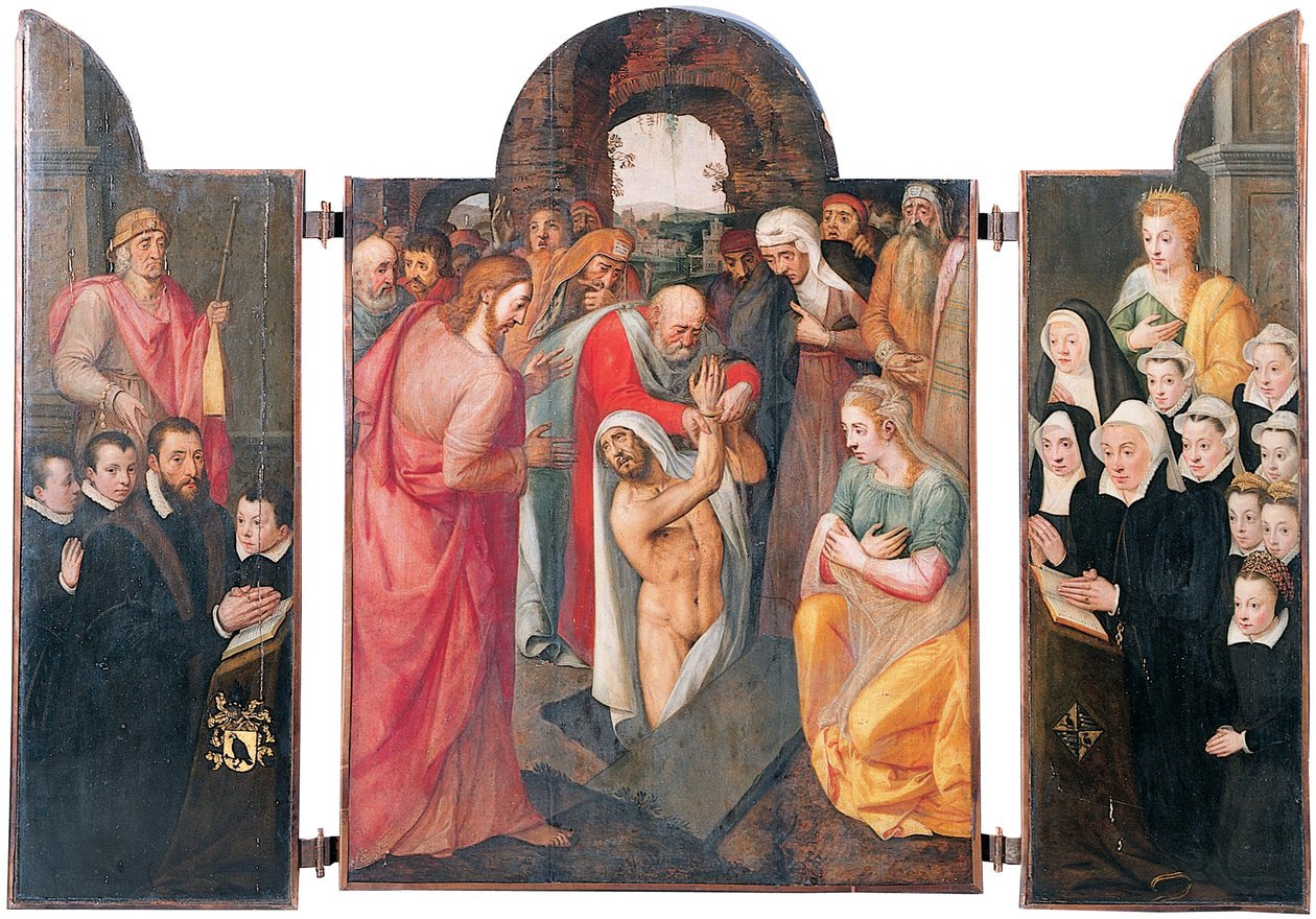 Drieluik: de opwekking van Lazarus in het centrale compartiment met een knielende mannelijke schenker, gepresenteerd door St. Jacob en zijn zonen op de linker vleugel, zijn vrouw knielend, gepresenteerd door St. Catharina en haar dochters op de rechter vle door Frans I Pourbus