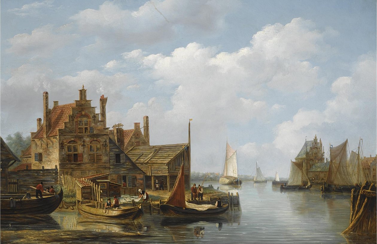 Uitzicht op een dorp aan de rivier door Frans Jacobus van den Blijk