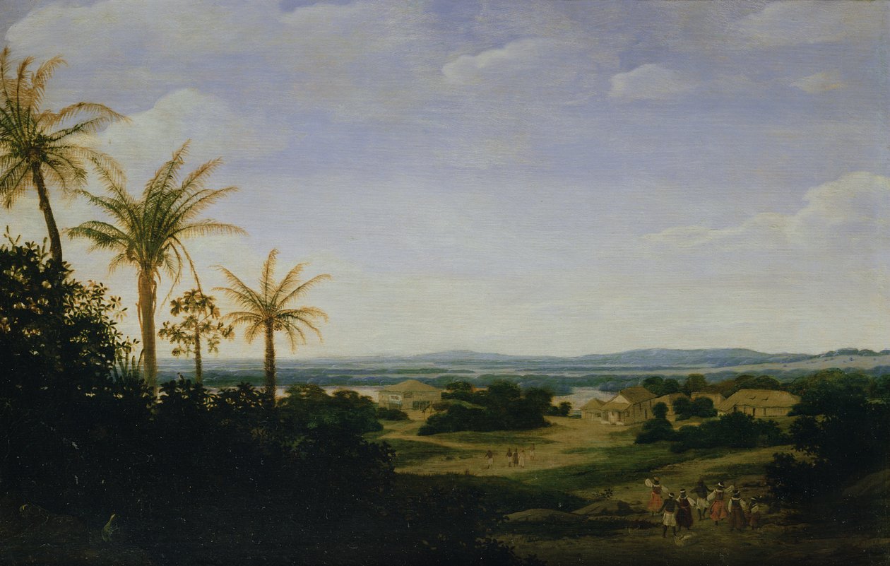 Braziliaans landschap met de Portugese residentie, de kerk en de Casa Granda, de rivier Varzea daarachter door Frans Post
