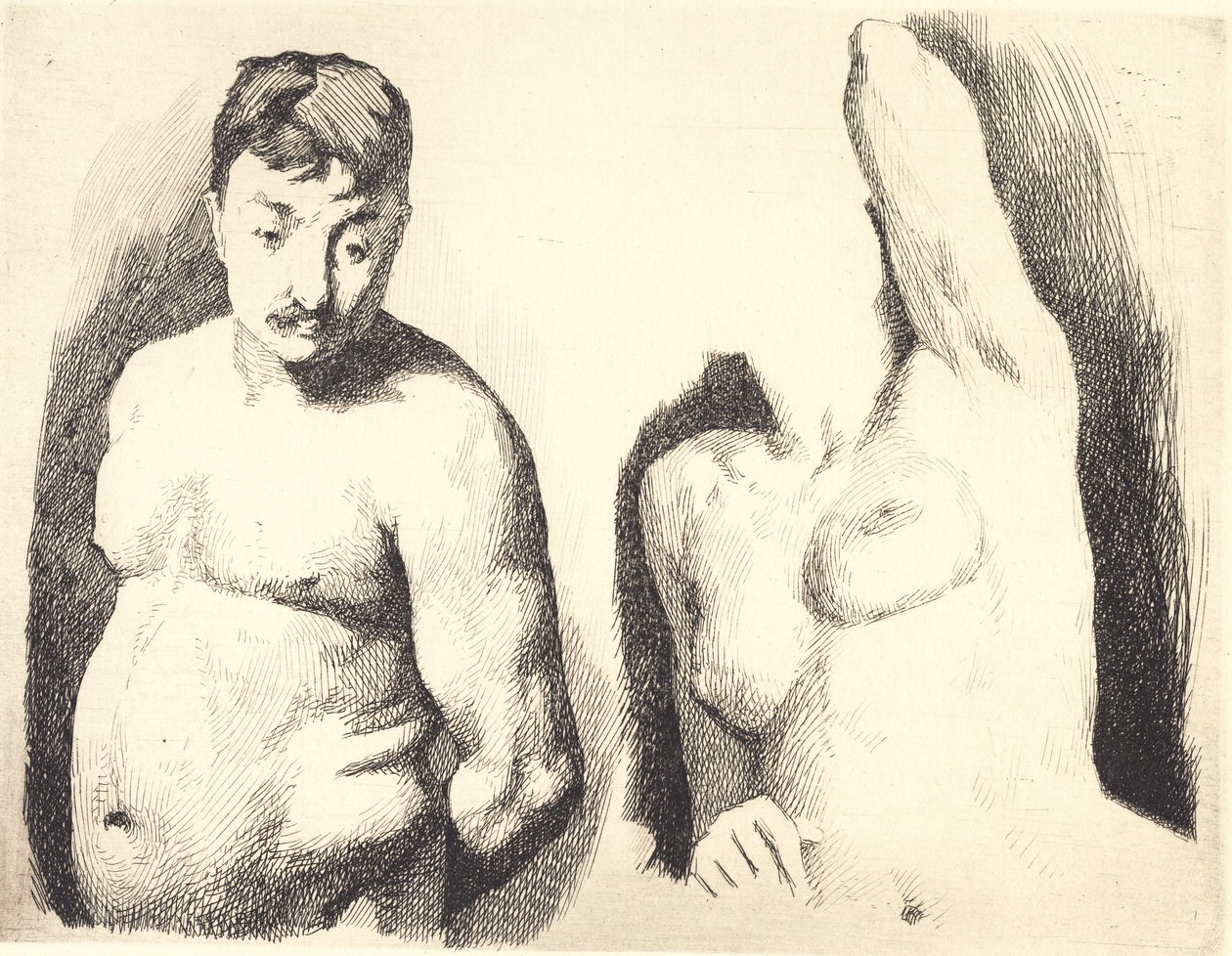 Proefplaat met twee studies naar naakte mannelijke en vrouwelijke modellen in halffiguur door Frans Schwartz