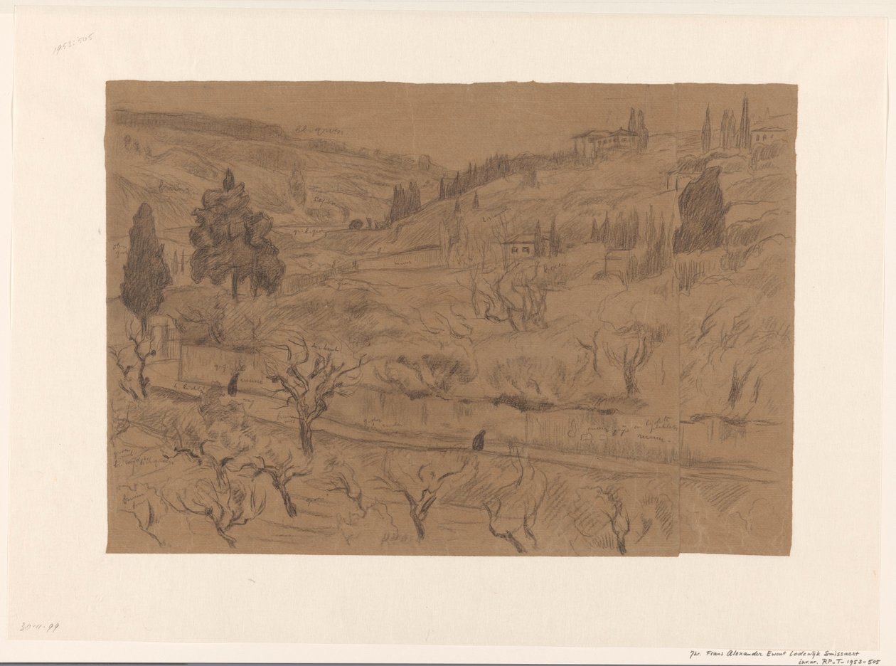 Italiaans heuvellandschap met huizen en bomen door Frans Alexander Evert Lodewijk Smissaert