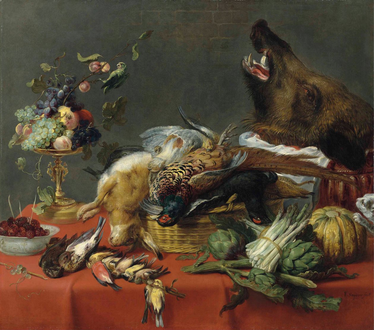 Gedekte tafel beladen met wild, fruit, groenten en een zwijnenkop door Frans Snyders