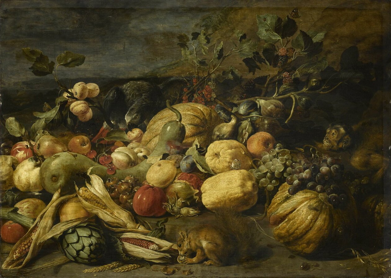 Groenten en fruit met een aap, een papegaai en een eekhoorn door Frans Snyders