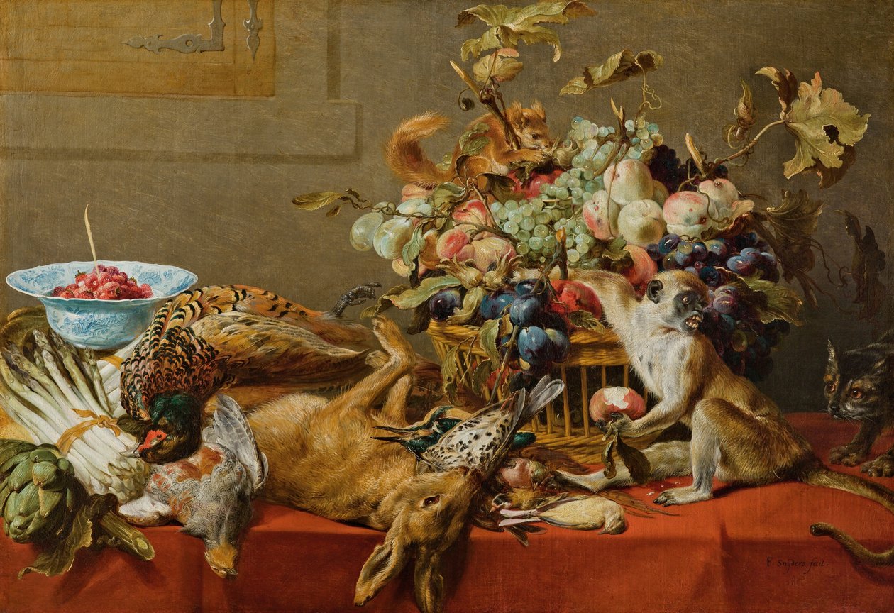 Stilleven met fruit, dood wild, groenten, een levende aap, eekhoorn en kat door Frans Snyders