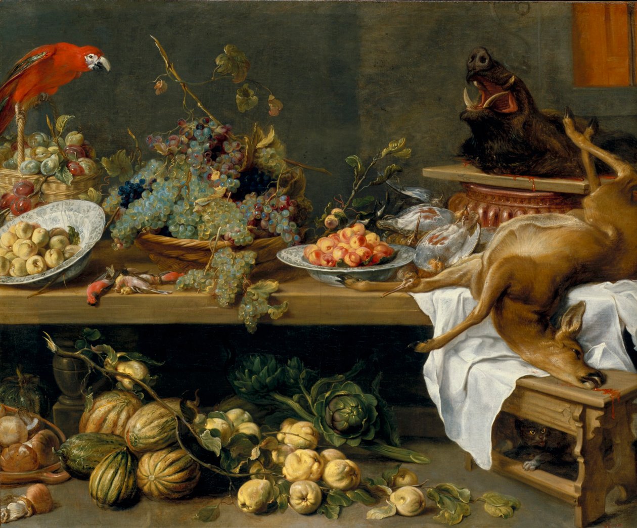 Stilleven met fruit, groenten en dood wild door Frans Snyders