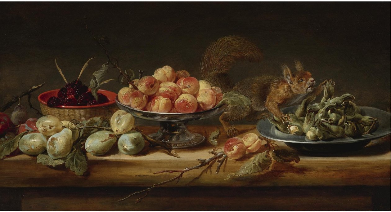 Stilleven met perziken in een Tazza, hazelnoten op een tinnen bord, frambozen in een mandje, met peren en een eekhoorn op een tafel
olieverf op paneel door Frans Snyders