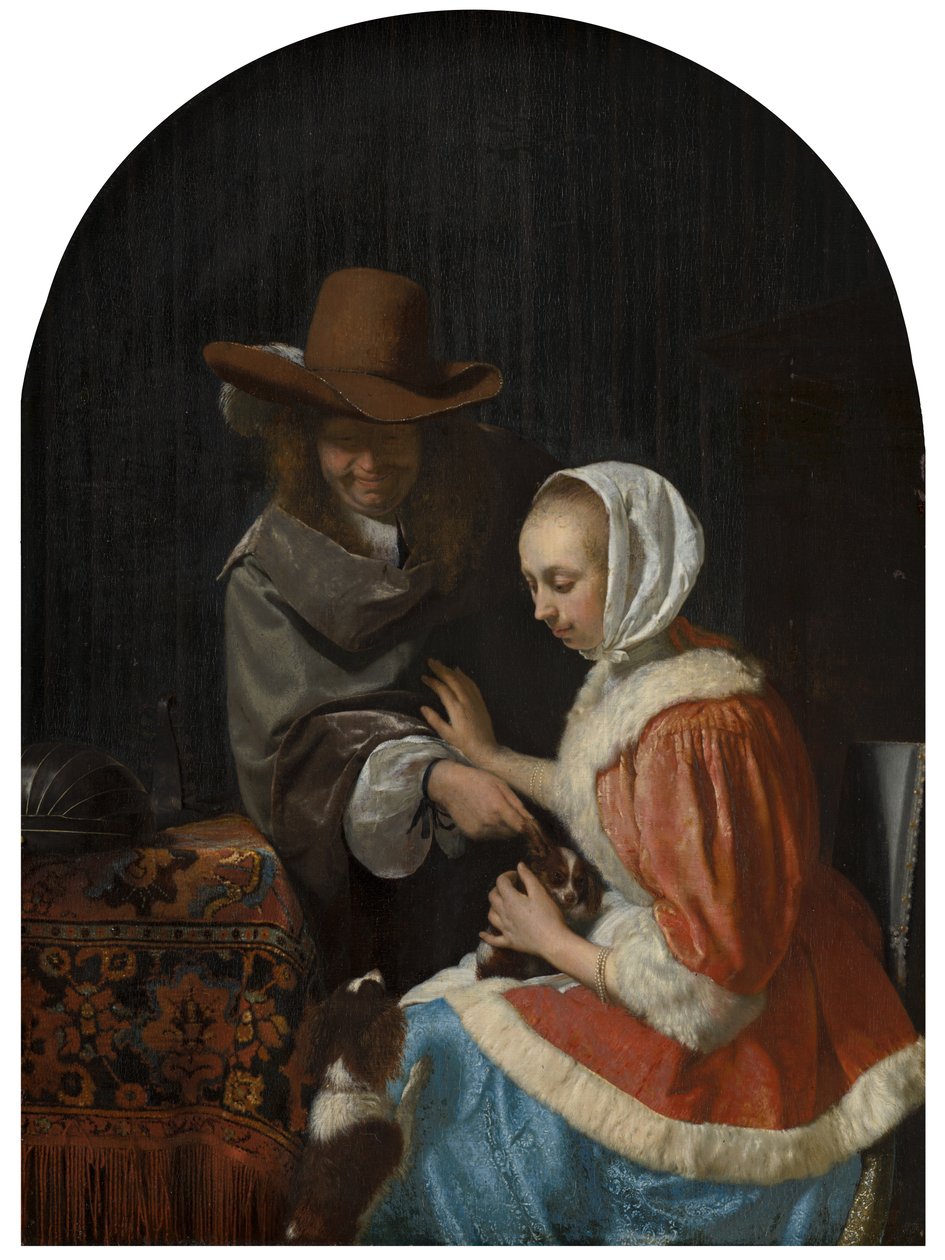 Man en vrouw met twee honden, bekend als "Het huisdier plagen", 1660 door Frans van Mieris