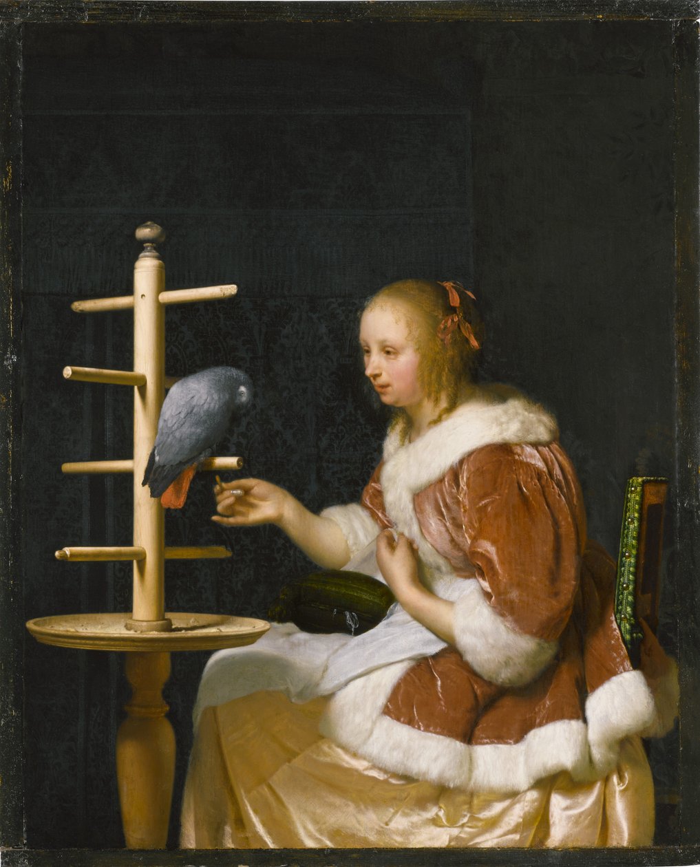Jonge vrouw die een papegaai voedt, 1663 door Frans van Mieris the Elder