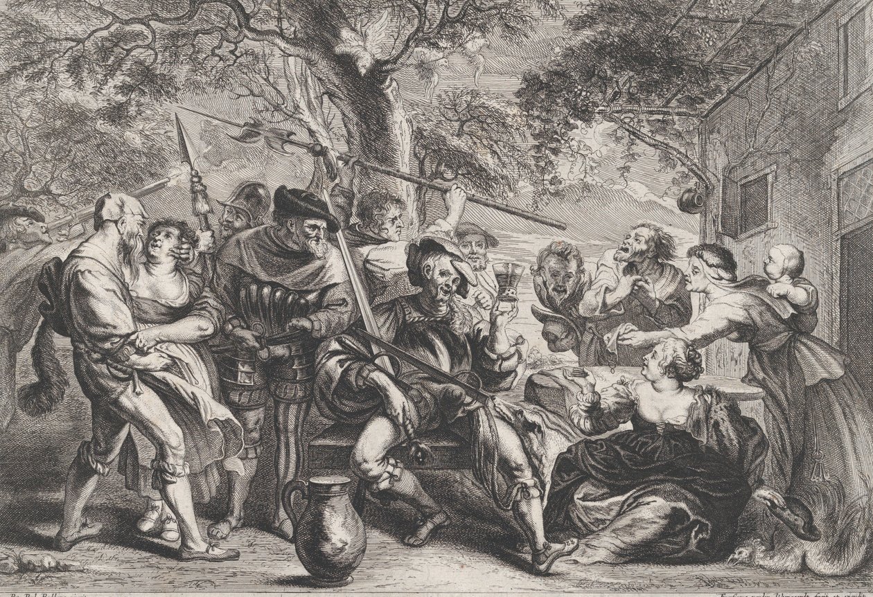 Don Quichot en troepen van La Santa Hermandad buiten een taverne, ca. 1635-1679 door Frans van den Wyngaerde