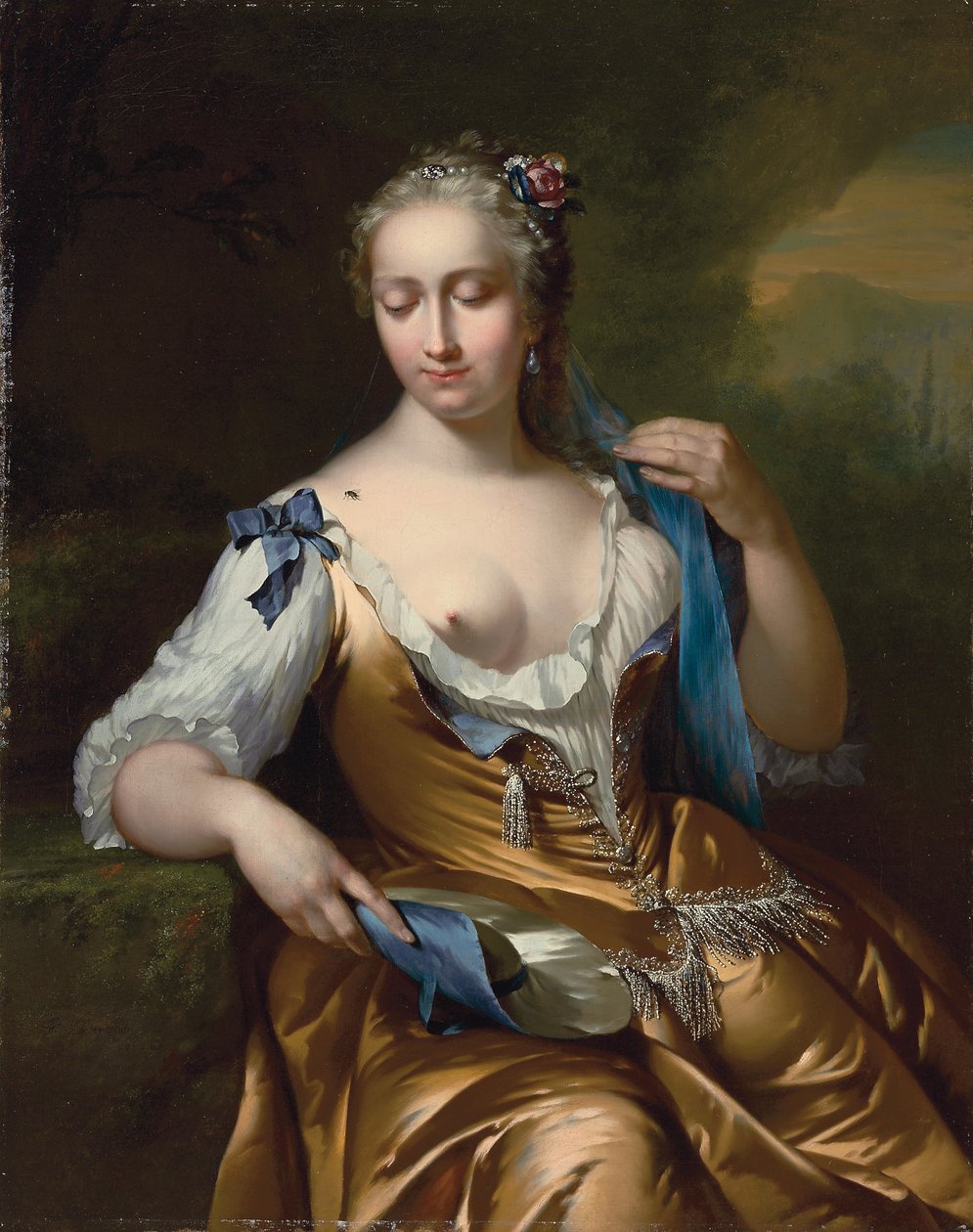 Dame in een landschap met een vlieg op haar schouder: een allegorie van aanraking, 1742 door Frans van der Mijn
