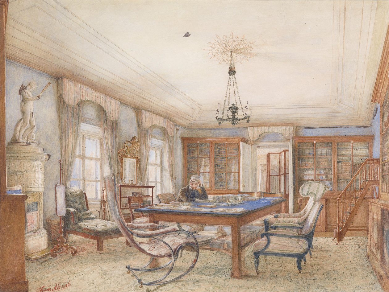 Biedermeier interieur met een man zittend aan een tafel door Franz Alt
