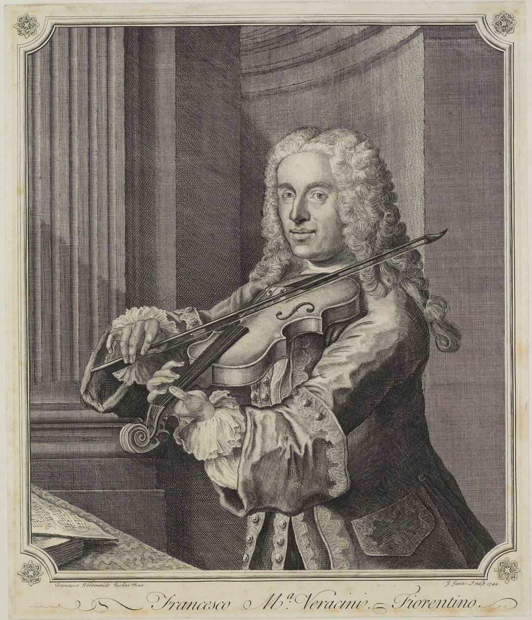 Francesco Ma Veracini, gegraveerd door J. June, 1744 door Franz Ferdinand Richter